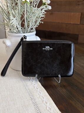 Coach Black shiny Leather Zip Wristlet with Wrist Strap